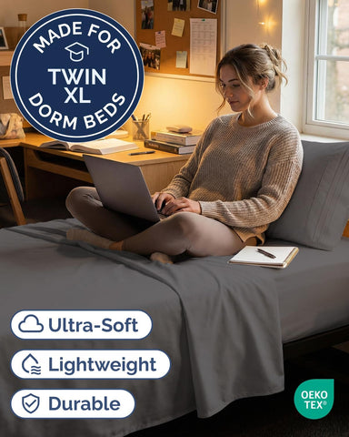 Twin XL 3 Piece Sheet Set - College Dorm Room Essentials - Dark Grey
