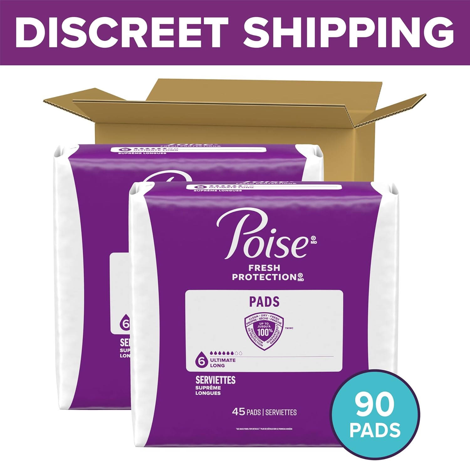 Poise Incontinence & Postpartum Pads for Bladder Leaks, 6 Drop Ultimate Absorbency, Long Length, 90 Count, Packaging May Vary