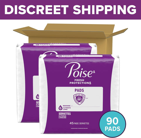 Poise Incontinence & Postpartum Pads for Bladder Leaks, 6 Drop Ultimate Absorbency, Long Length, 90 Count, Packaging May Vary