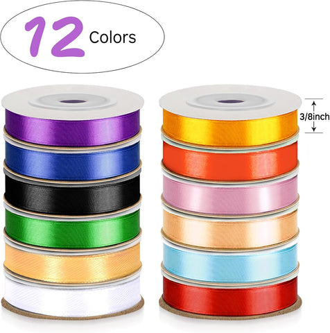 Rainbow Satin Ribbon, 12 Colors 3/8 Inch x 12 Rolls
