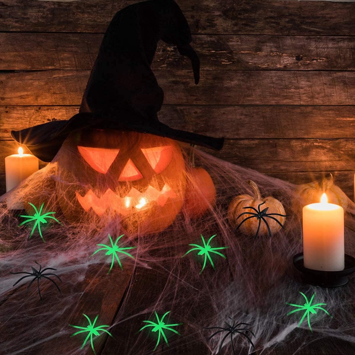1200 Sqft Halloween Spider Web Decorations, with 50 Glow and 50 Black Fake Spiders, Halloween Decorations Outdoor Large Stretch Spider Web Cobwebs Indoor (1200 sqft Web+100 Spider)