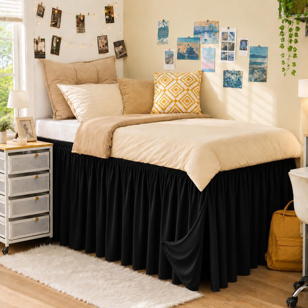 Dorm Room Bed Skirt Twin XL 22" Drop, College Split Corner Bedskirt, Black