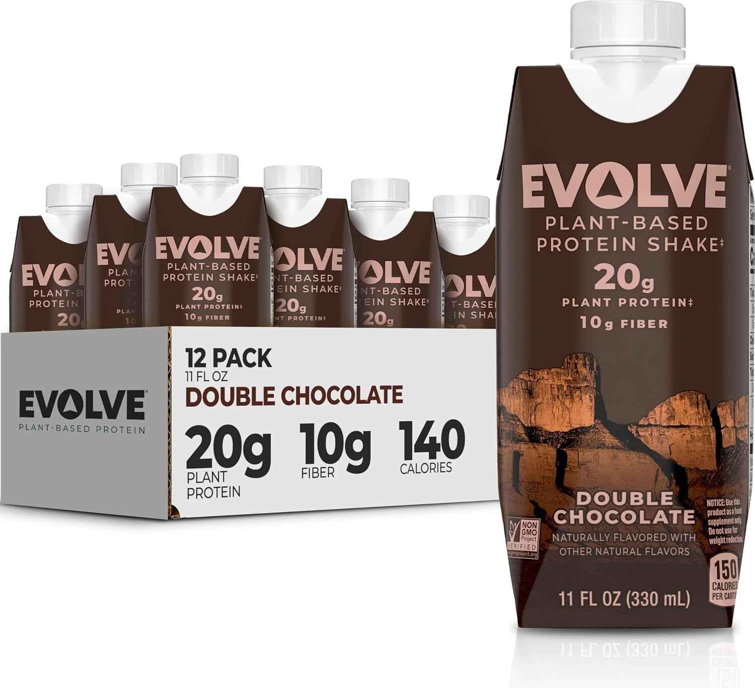 Evolve Plant Based Protein Shake, Double Chocolate, 20g Vegan Protein, Dairy Free, No Artificial Sweeteners, Non-GMO, 10g Fiber, 11 Fl Oz (Pack of 12) - (Formula May Vary)
