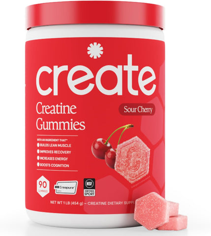 Create Creatine Monohydrate Gummies for Men & Women, Boost Focus, Strength, and Endurance, Anti-Melting Formula, Vegan, Gluten-Free, Non-GMO, 1.5g of Creatine per Gummy (Sour Cherry)