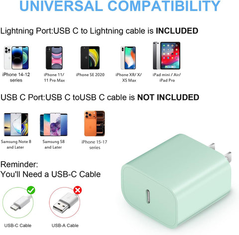 iPhone Fast Charger 3+3Pack 20W USB C Wall Charger with Extra Long 10FT Fast Charging Cable Compatible with iPhone 14/13/12/11/Pro/Pro Max-Green