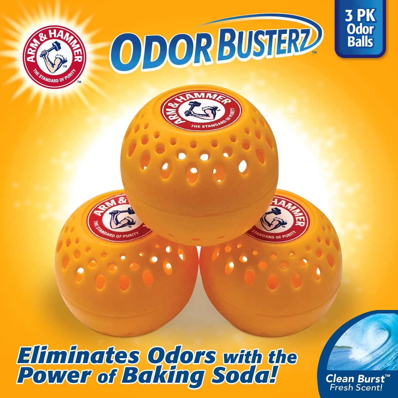 Arm & Hammer OdorBusterz® Odor Eliminator Balls, Clean Burst, 3 Count – Baking Soda Odor Control for Closets, Drawers, Hampers & Small Spaces