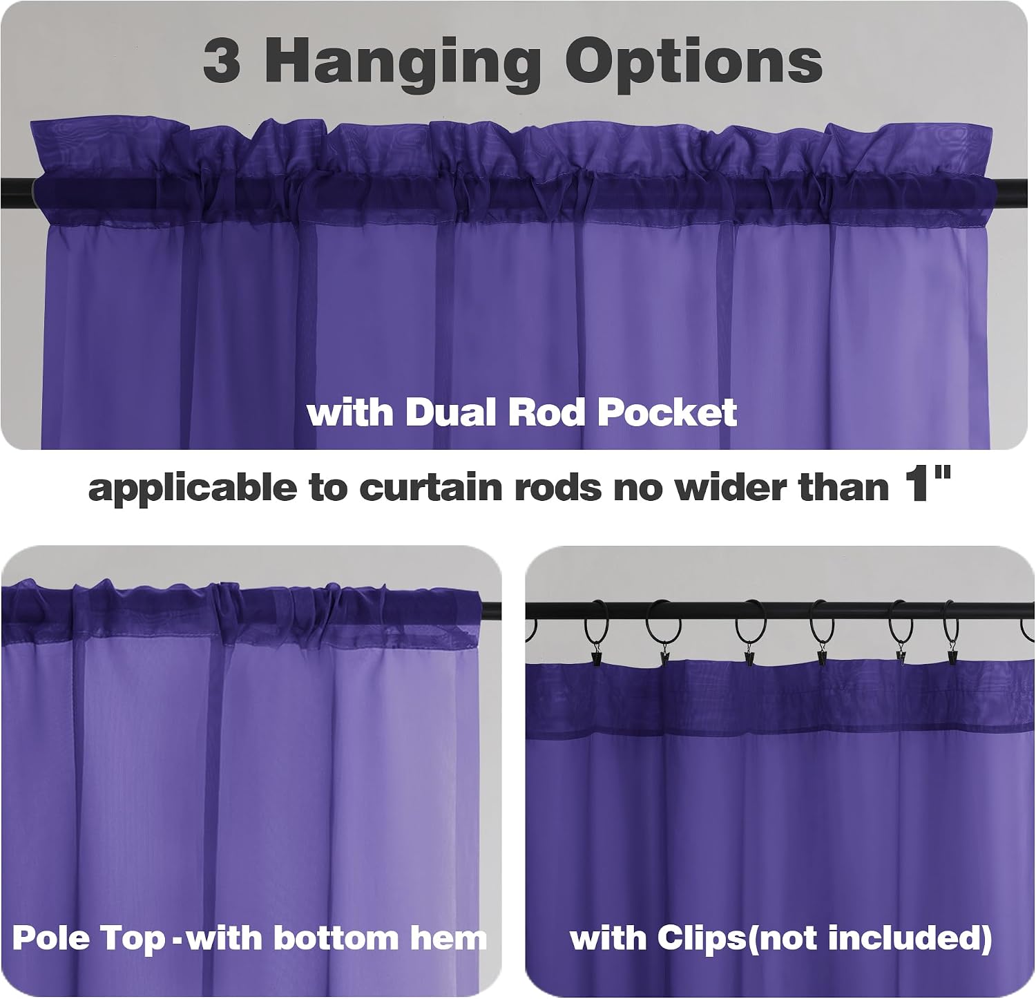 Chyhomenyc Sheer Valances for Windows 2 Packs, 42Wx14L Inches Small Window Valance for Living Room Bathroom Cafe Laundry Basement, Elegant Rod Pocket Voile Valance, Purple