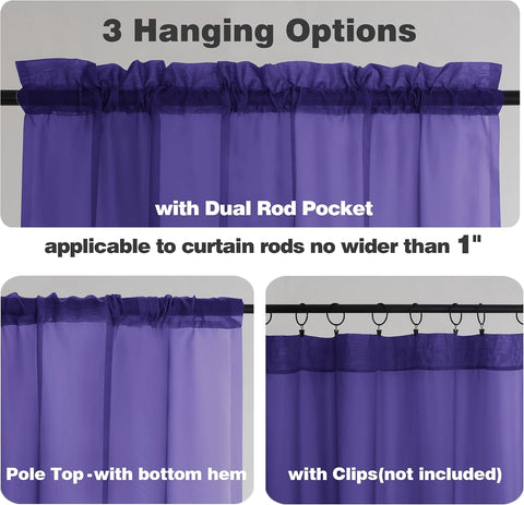 Chyhomenyc Sheer Valances for Windows 2 Packs, 42Wx14L Inches Small Window Valance for Living Room Bathroom Cafe Laundry Basement, Elegant Rod Pocket Voile Valance, Purple