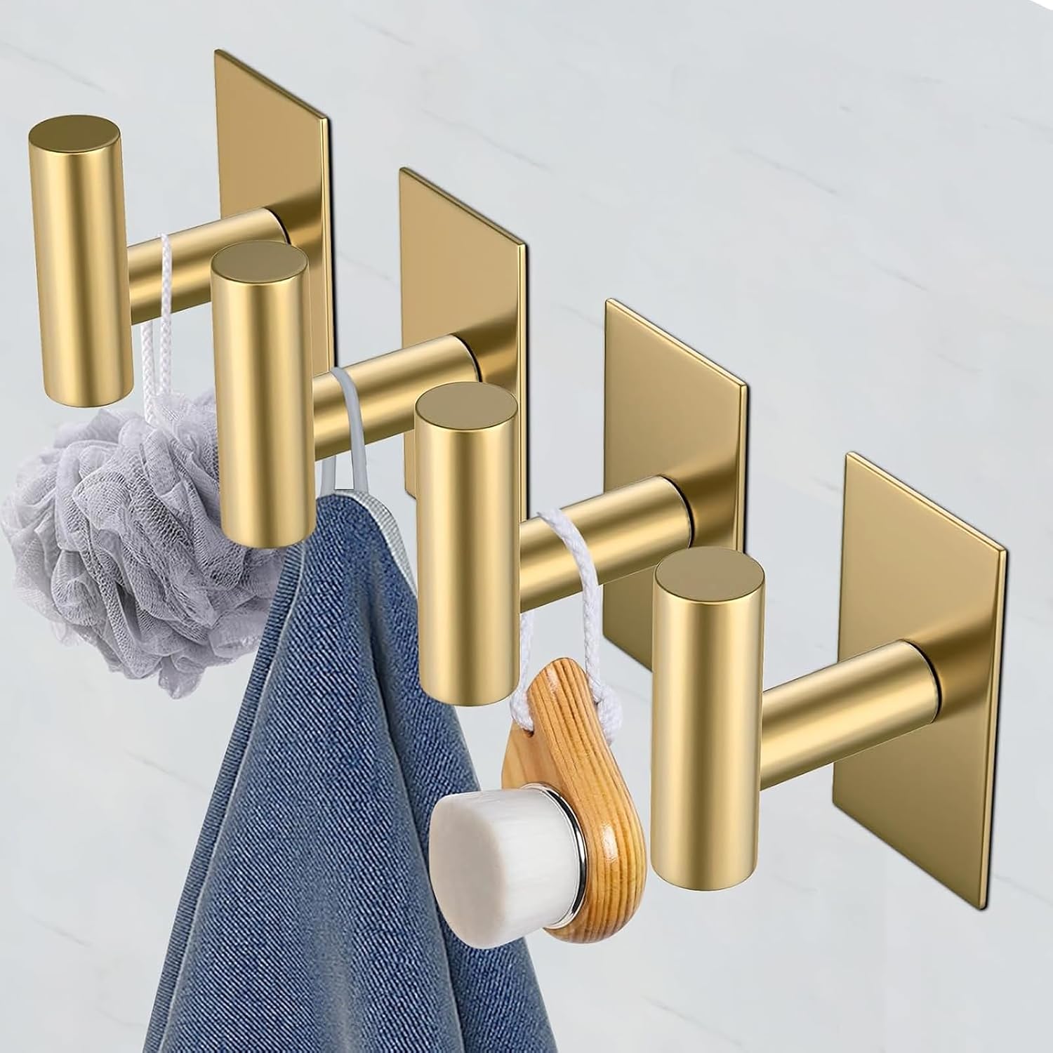 VAEHOLD Wall Towel Hooks, Heavy Duty Sticky Holder Waterproof Towel Hooks for Hanging Coat, Clothes, Closet Hook Wall Mount for Kitchen (Gold, 2 Pack)