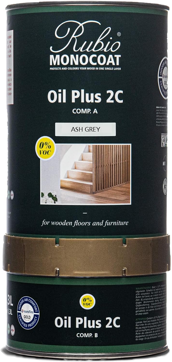 Rubio Monocoat Wood Stain & Finish 650 ft² | Oil Plus 2C | Quick-Dry, Eco-Friendly Linseed Wood Oil for Indoor Use, Includes Accelerator (Part B) | Protector | 1.3 L, Ash Grey