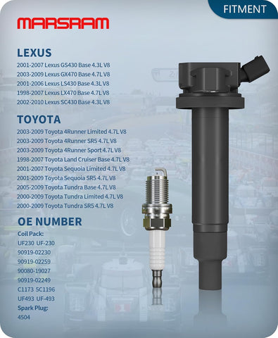 Marsram Ignition Coil Pack UF230 Spark Plug for Toyota 2001-2009 Sequoia