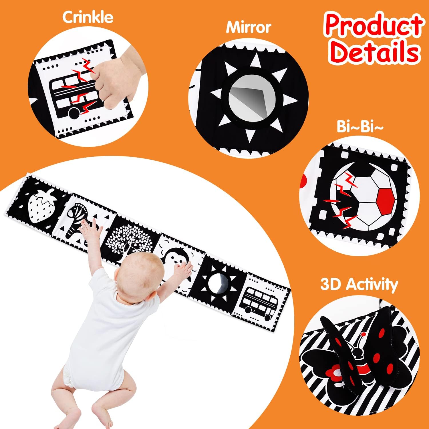 Black and White High Contrast Toys for Baby 0-3 3-6 months Infant Tummy Time Soft Crinkle Book Mirror Sensory Toys 0 2 4 5 6 Month Old Babies Boy Gril Newborn Development Christmas Stocking Stuffer