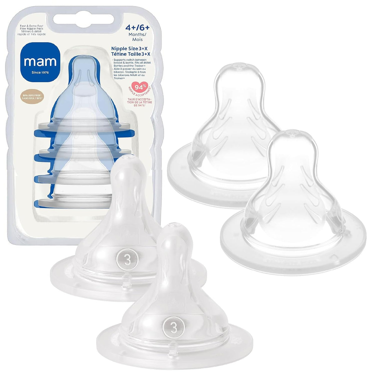 MAM Baby Bottle Anti-Colic Nipples Mixed Flow, 4 Pack Fits All MAM Bottles