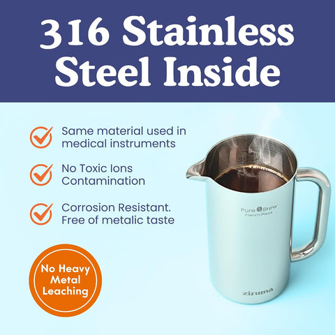 Ziruma Non-Toxic Stainless Steel French Press, No Plastic or Heavy Metals, 34 oz (Pack of 2)