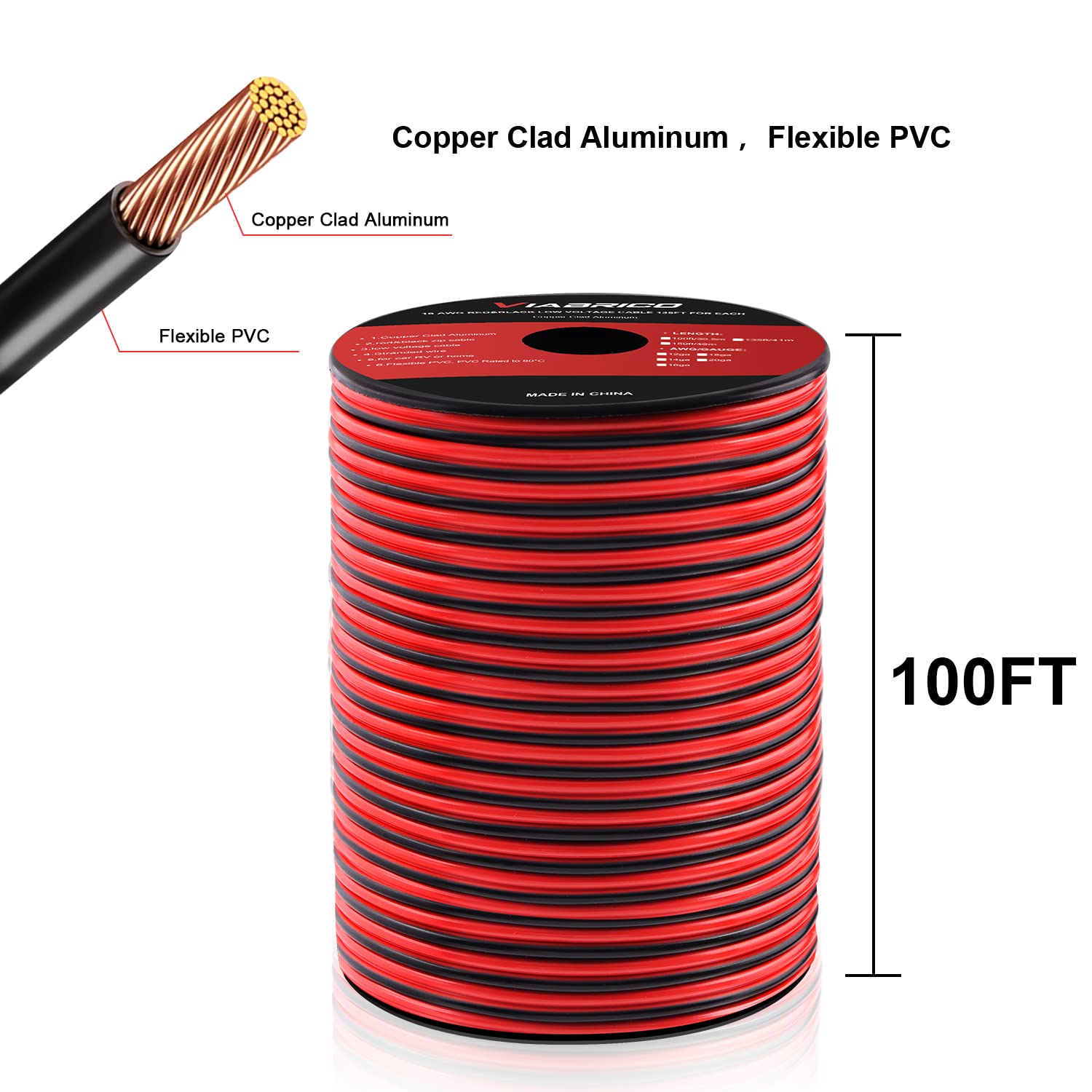 VIABRICO 100FT 16 Gauge Wire, 16AWG Automotive Wire 2 Conductor 12V Cable