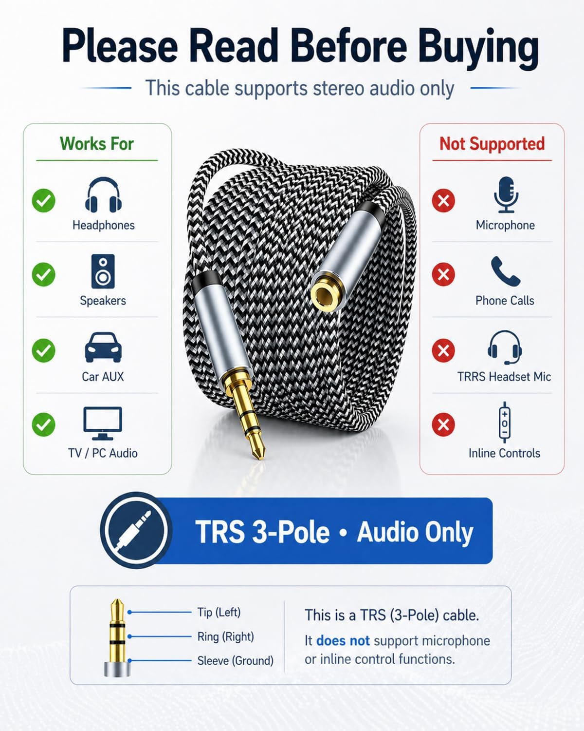 Headphone Extension Cable 10ft - Aux 3.5mm Extension Cable Male to Female, 1/8 Inch TRS Stereo Audio Jack Extender for Car, Speaker, TV, PC (Audio Only, No Mic)
