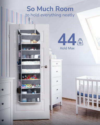 ULG 1 Pack Over Door Organizer with 5 Large and 10 Mesh Side Pockets, 44 lbs Weight Capacity Hanging Storage with Clear Window Kids Toys, Shoes, Diapers, Dark Grey, 5 Layers