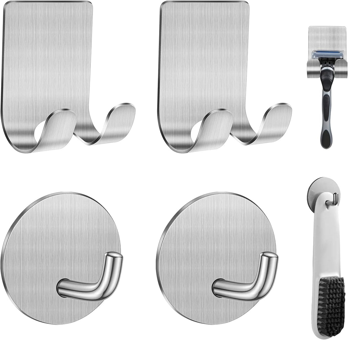Diesisa Razor Holder for Shower + Adhesive Wall Hooks, Premium 304 Stainless Steel Shower Razor Holder with Heavy Duty Waterproof Sticky Hooks for Hanging Towels, Coat, hat (2+2 Pack)