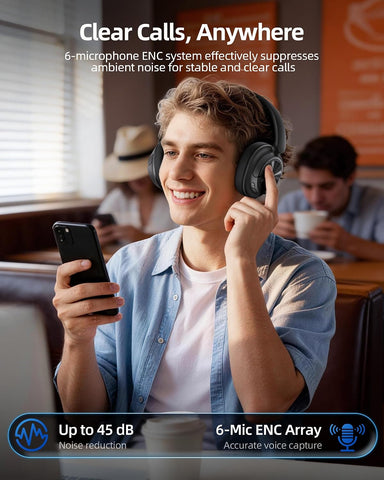 Hybrid Active Noise Cancelling Headphones 120H Playtime Wireless Headphones Bluetooth 6.0 Over Ear Headphones with 6 ENC HD Call Mic, Hi-Res 360° Spatial Audio ANC Headphone for Travel Workout Black