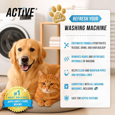 ACTIVE Washing Machine Cleaner for Pet Owners Enzymatic Deep Clean Descaler for Cat & Dog Hair, Urine, Odor, Residue, 24 Septic-Safe Tablets for Top Load, Front Loader, HE Washer Tub - 1 Year Supply