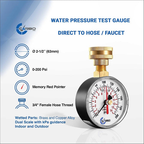 2-1/2" Water Pressure Test Gauge, 0-200 PSI, Red Max Pointer, 3/4" Female Hose Thread, Rust-Free Corrosion-Resistant Case, Brass Connector, for Home, Garden, RV, Indoor/Outdoor