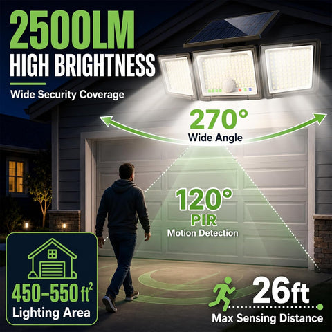Solar Outdoor Lights Motion Sensor, 2500LM 286 LED Security Flood Lights with Visual Battery & Mode Display, 3 Lighting Modes, IP65 Waterproof 3-Head Wide Angle for Garage, Yard, Patio (2 Pack)
