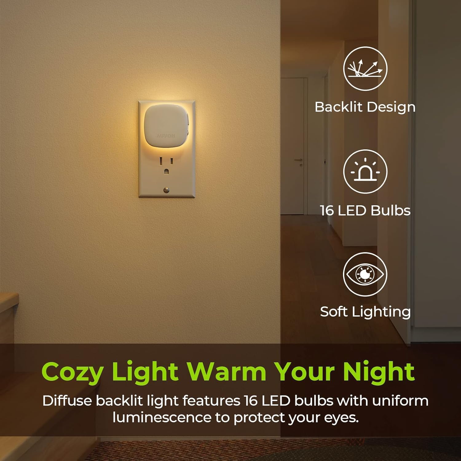 AUVON Plug-in LED Backlit Night Light 4 Packs, Motion & Dusk to Dawn Sensor