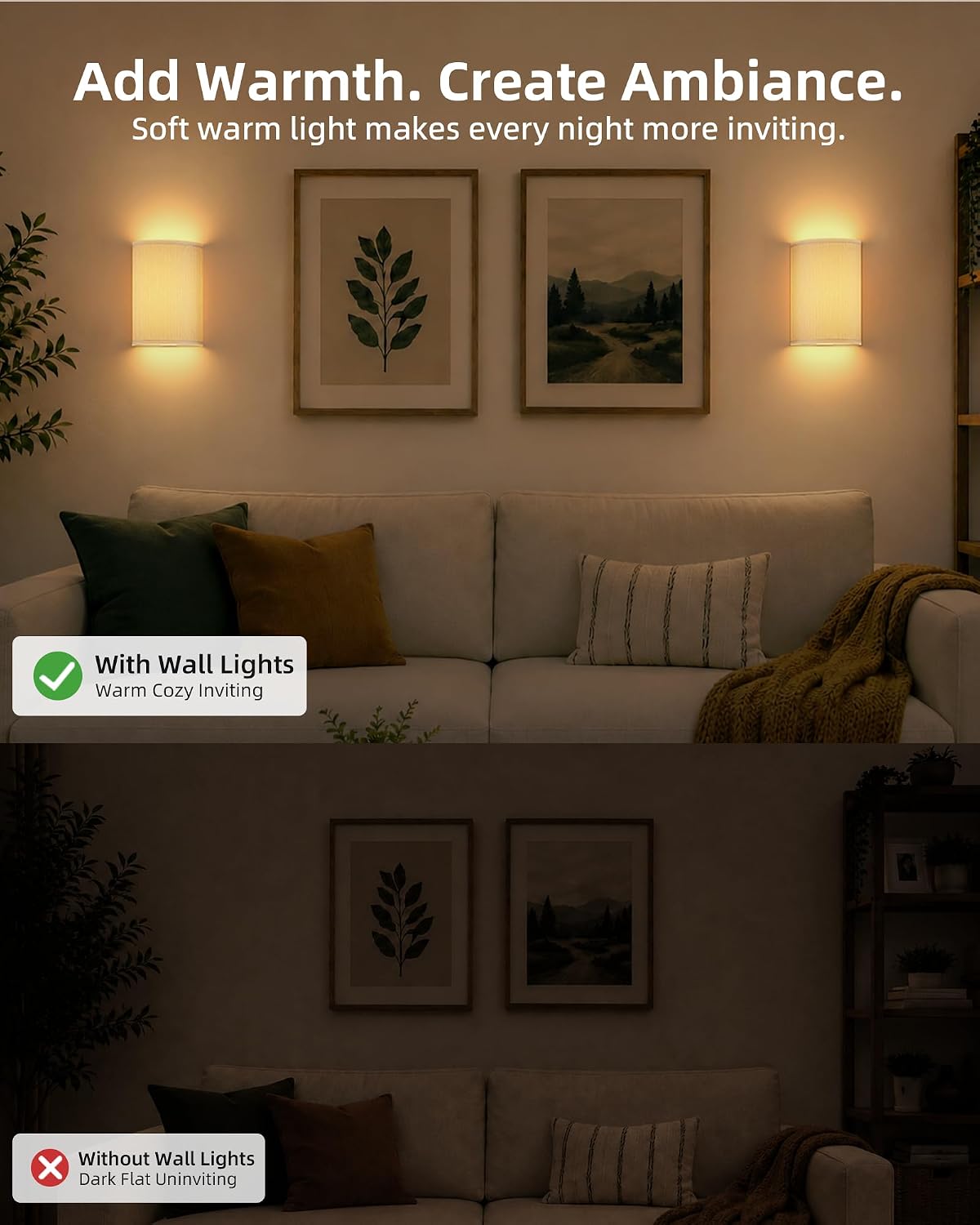 EZVALO Battery Operated Wall Sconce, Pleated Shades Wireless Wall Sconces Set of Two with Remote, 3 Color & 80 RGB Rechargeable Wall Lights, Dimmable, Timer, Wall Lamp for Bedroom (White 2Pack)