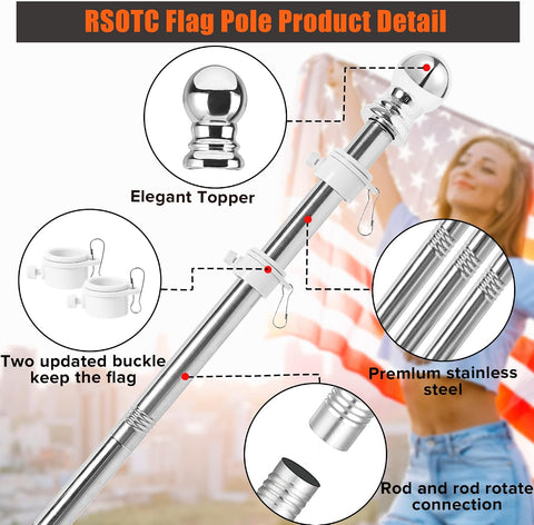 Flag Pole for House 6FT Flag Pole Kit American Flag Mounting Bracket Stainless Steel Heavy Duty for Garden Yard Truck Boat Rustproof (Without Bracket)
