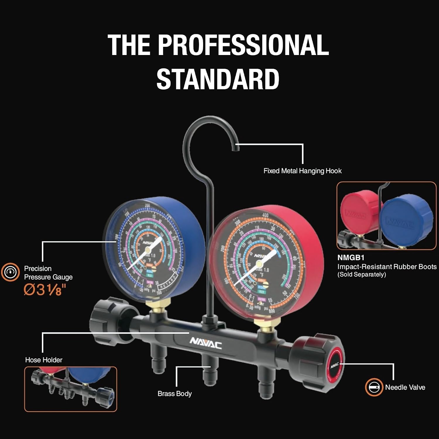 NAVAC NMG12A Pro Manifold Gauge - A2L, Brass Body, Precision Dial