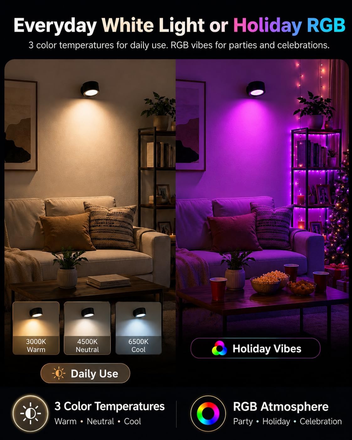 LED Wall Mounted Lights, Rechargeable Wall Sconces, 3 Color Temps, Remote & Touch, 360° Rotating and Dimmable for Bedroom, Bedside & Reading (Black-RGB, 2 Pack)