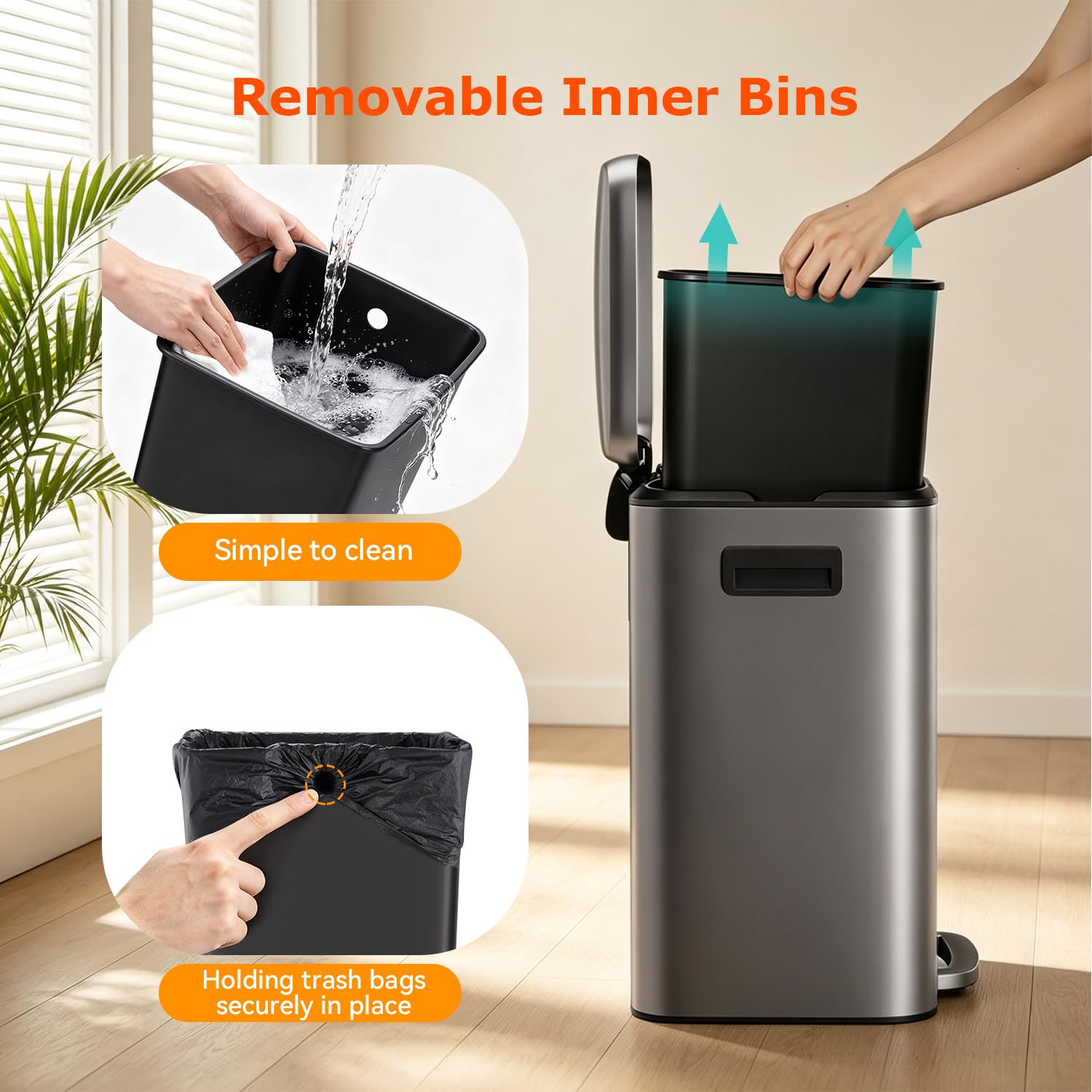 PayLessHere | 10G Trash Can with Lid | Steel | Dual Inner Removable Buckets