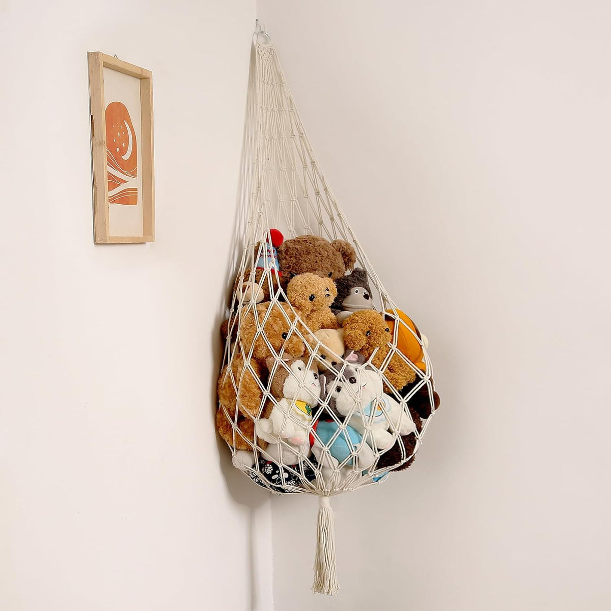 Amdermi Stuffed Animal Storage Organizers Toy Hammock Corner Hanging Net Stuffy Animal Hammock Macrame Toy Display Plush Toy Holder Wall, Kid Bedroom Decor Boho Nursery Playroom Organizer (Cream XL)