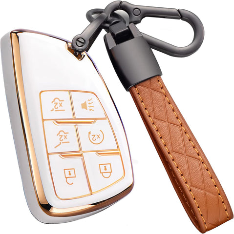 Key Fob Cover for Chevy GMC with Keychain, Tahoe Suburban Equinox Traverse Yukon Denali Terrain Buick Envision Premium Soft TPU Case (6 Buttons Ivory)