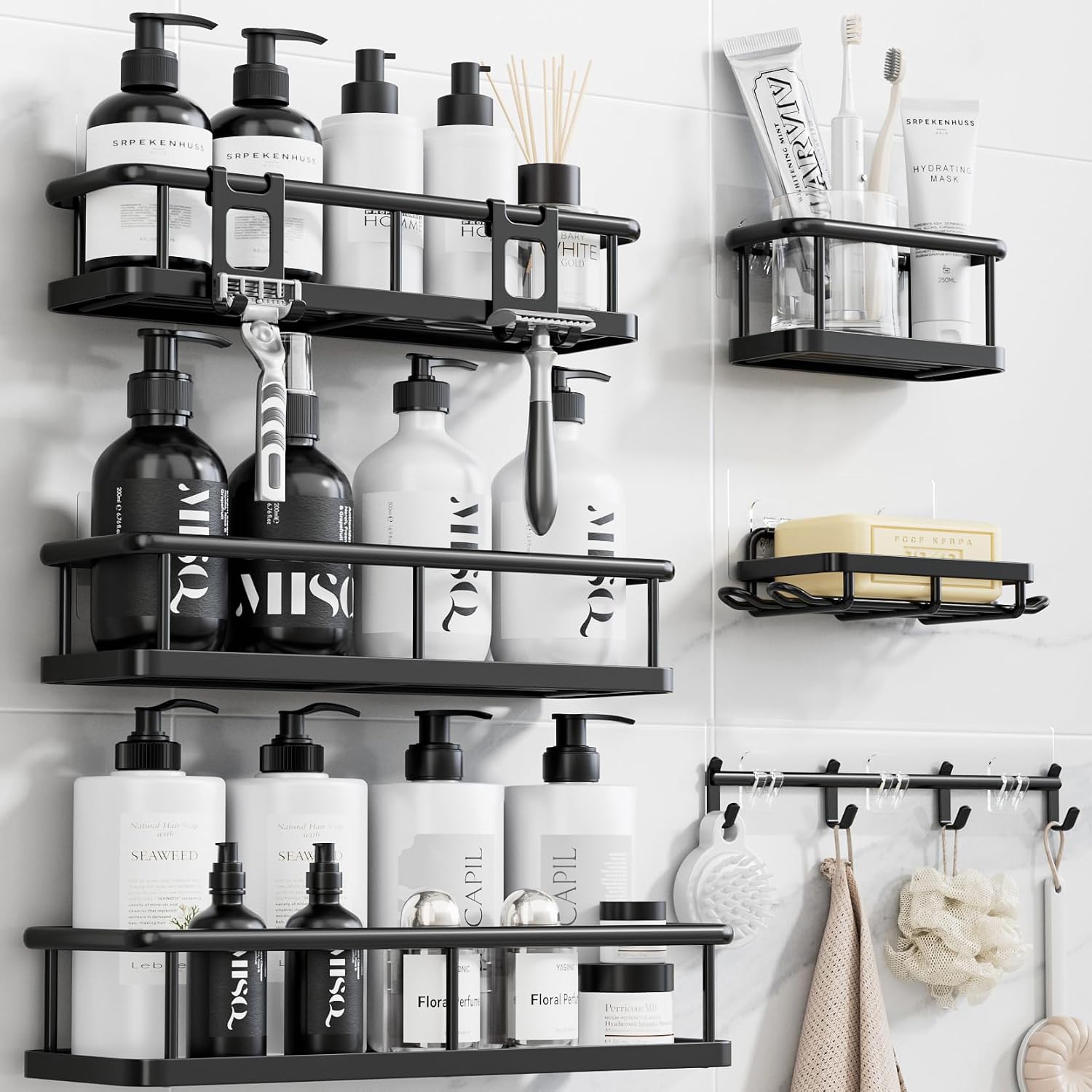 YASONIC Shower Caddy Adhesive, Rustproof Shower Organizer with Soap Holder, Large Capacity Shower Shelves for Inside Shower, No Drilling Bathroom Organizers and Storage for Home Decor 6 Pack Black