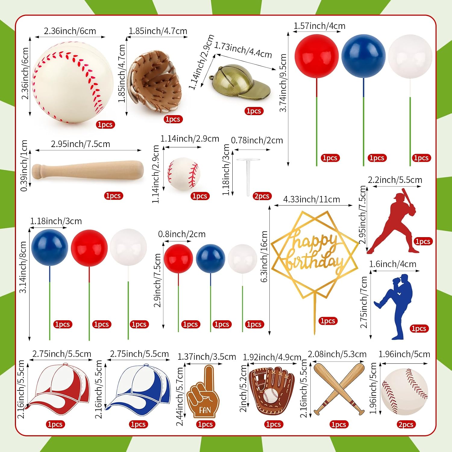 Hooqict 26Pcs Baseball Cake Decorations Set with Mini Balls, Player, Caps, Gloves, Bats, Baseball Birthday Cake Toppers & Cupcake Toppers for Boys Men Sports Themed Birthday Party Decorations Supplies