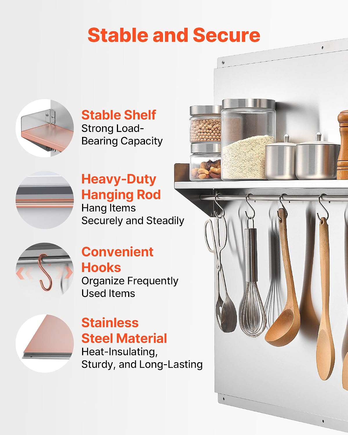 VEVOR 30" x 30" Stainless Steel Backsplash for Stove, Ultra Flat Splatter Guard with Storage Shelf & Hanging Rack, Wall Shield Range Hood Panel, Easy Clean, Pre-Drilled Holes for Easy Installation