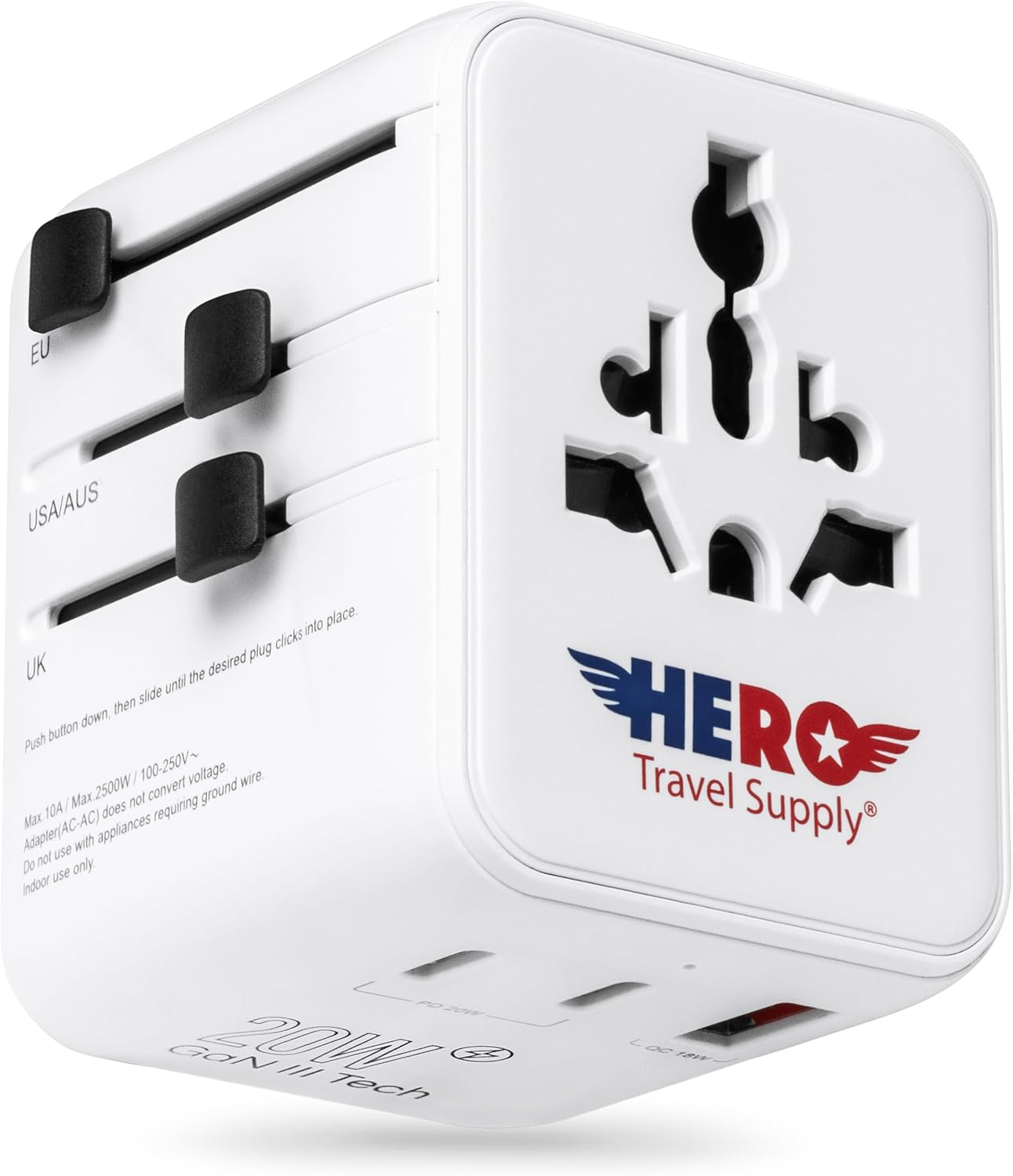 Hero International Travel Power Adapter – Universal Plug for Europe, UK, US, Asia, AUS, 100+ Countries | 2 USB-C & 1 USB-A