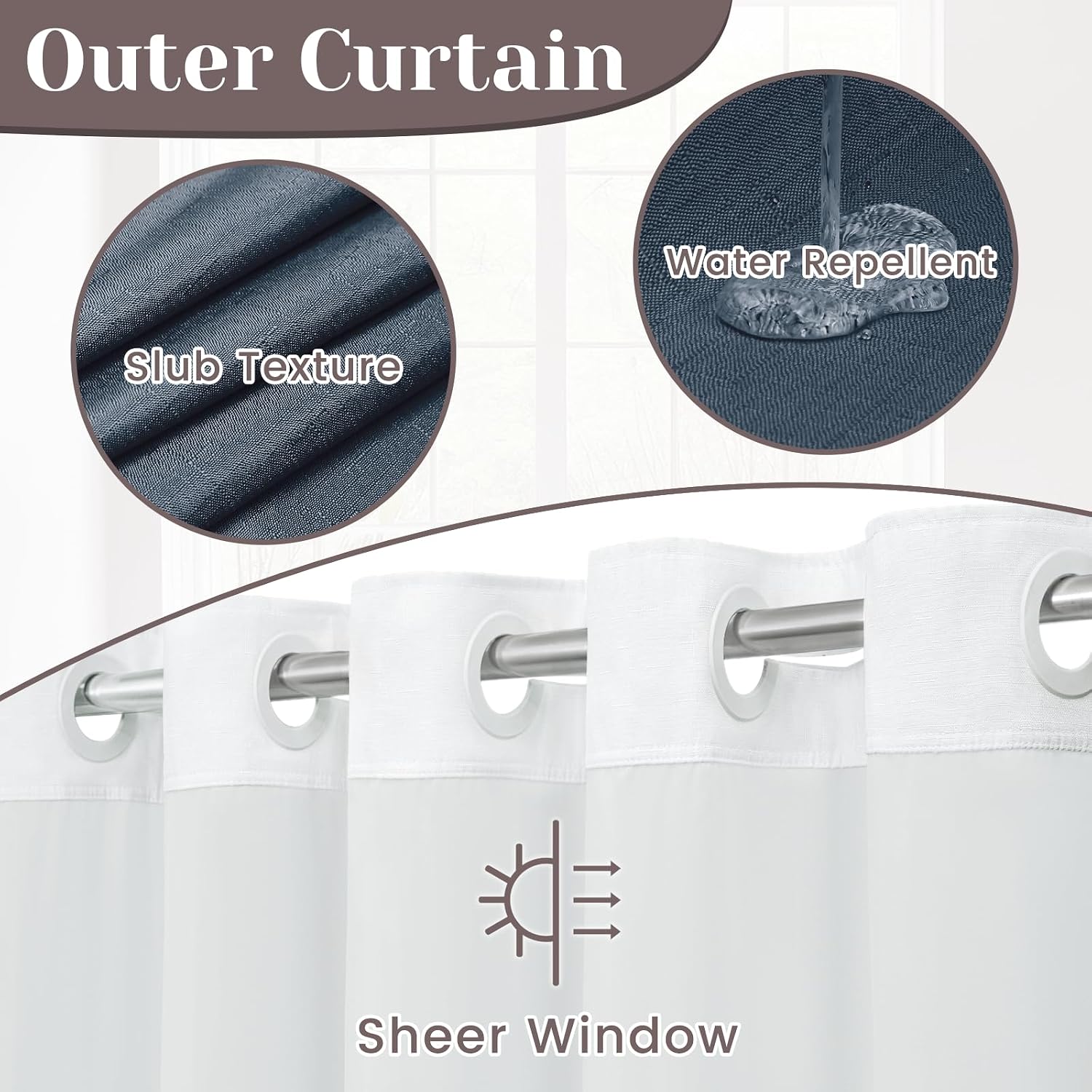SORTTO Ringless Slub Shower Curtain with Snap in Liner, 71x74, Ombre Blue