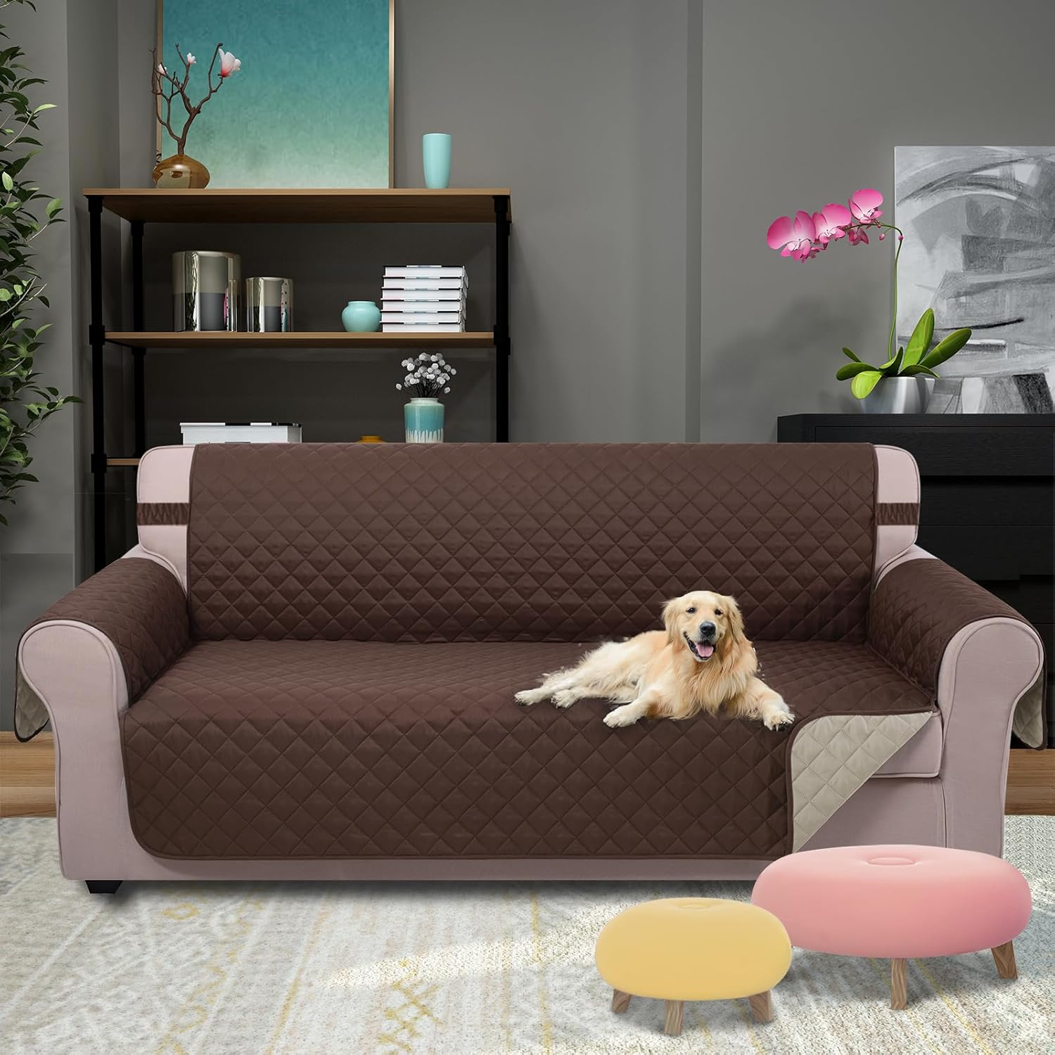 U-NICE HOME Large Sofa Cover Reversible Couch Cover for Dogs, Coffee/Beige
