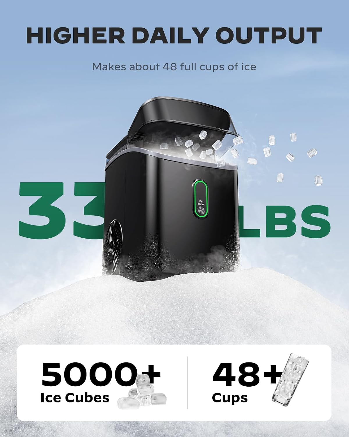 Nugget Ice Maker Countertop, Pebble Ice Maker with Soft Chewable Ice, One-Click Operation Ice Machine with Self-Cleaning, 33lbs/24H for Home,Kitchen,Office