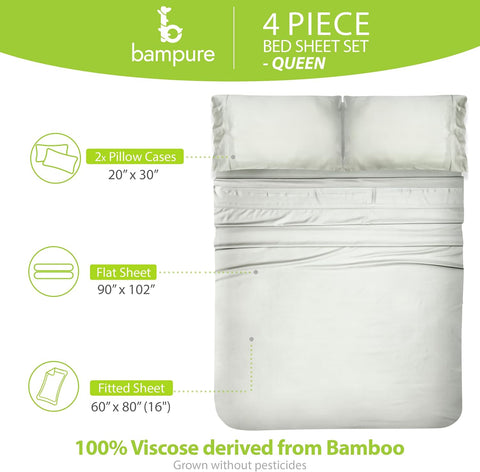 BAMPURE 100% Rayon from Bamboo Sheets Queen Size - 4pc Cooling Sheets Queen