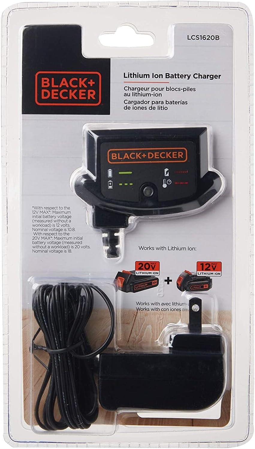 BLACK+DECKER 20V MAX Lithium Battery Charger, Compatible with 12V and 20V Battery, Battery Sold Separately (LCS1620B)