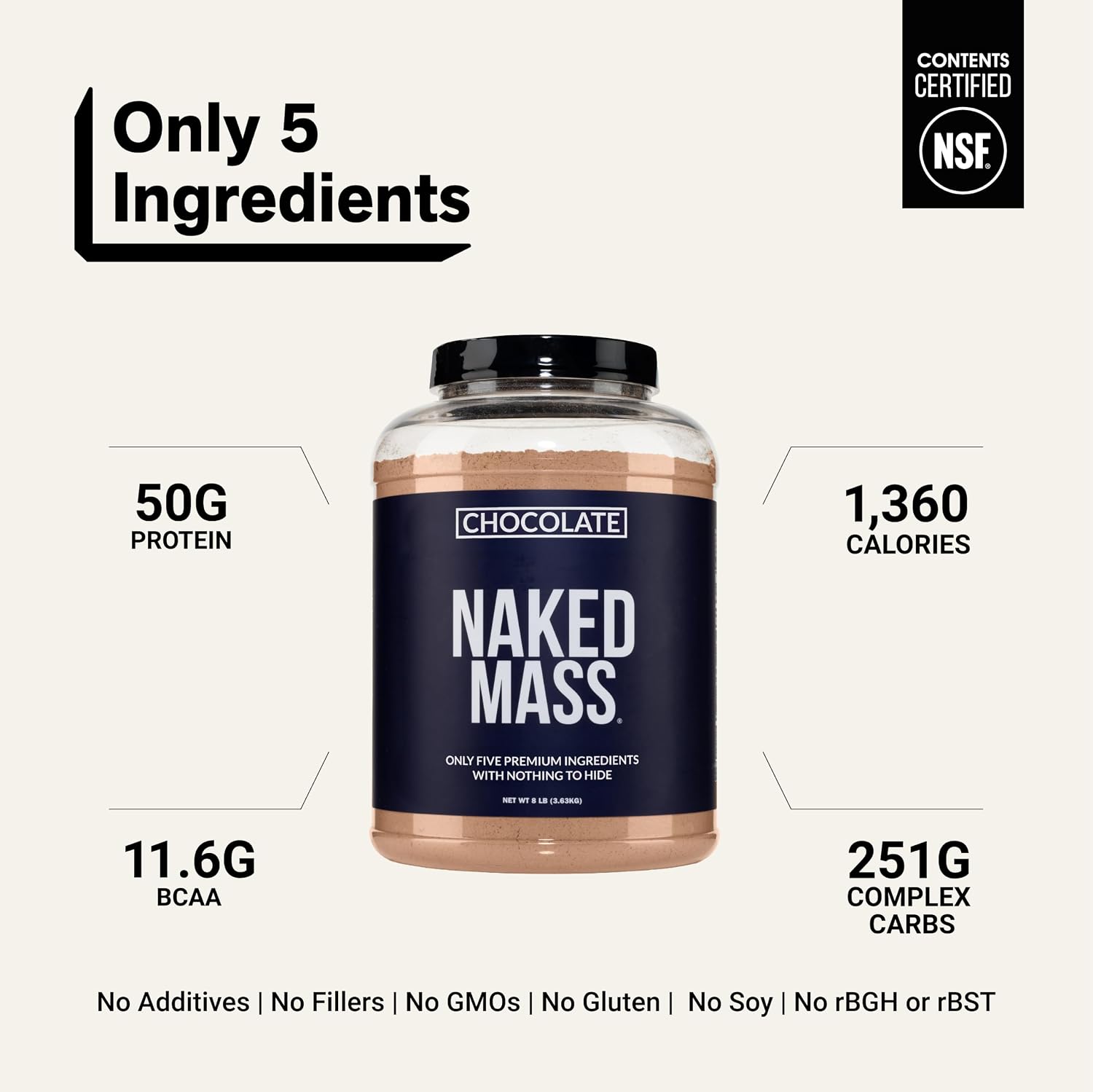 NAKED Chocolate Mass Gainer - All Natural Weight Gainer Protein Powder - 8lb Bulk, NSF Certified, GMO Free, Gluten Free & Soy Free. No Artificial Ingredients - 1,360 Calories