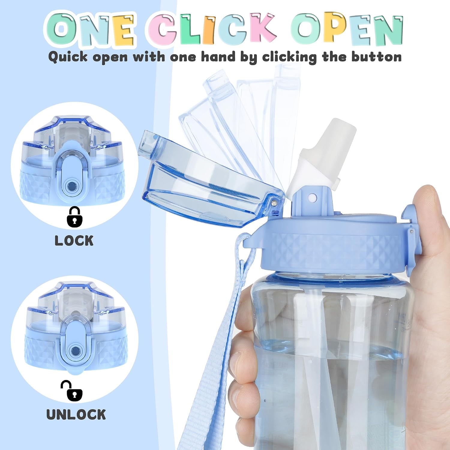 OLDLEY 12oz Kids Water Bottle, Tritan BPA-Free, Leakproof Flip Straw Lid, Motivational Time Marker, Carry Strap, Reusable Clear Water Bottle for Boys & Girls,Baby Blue
