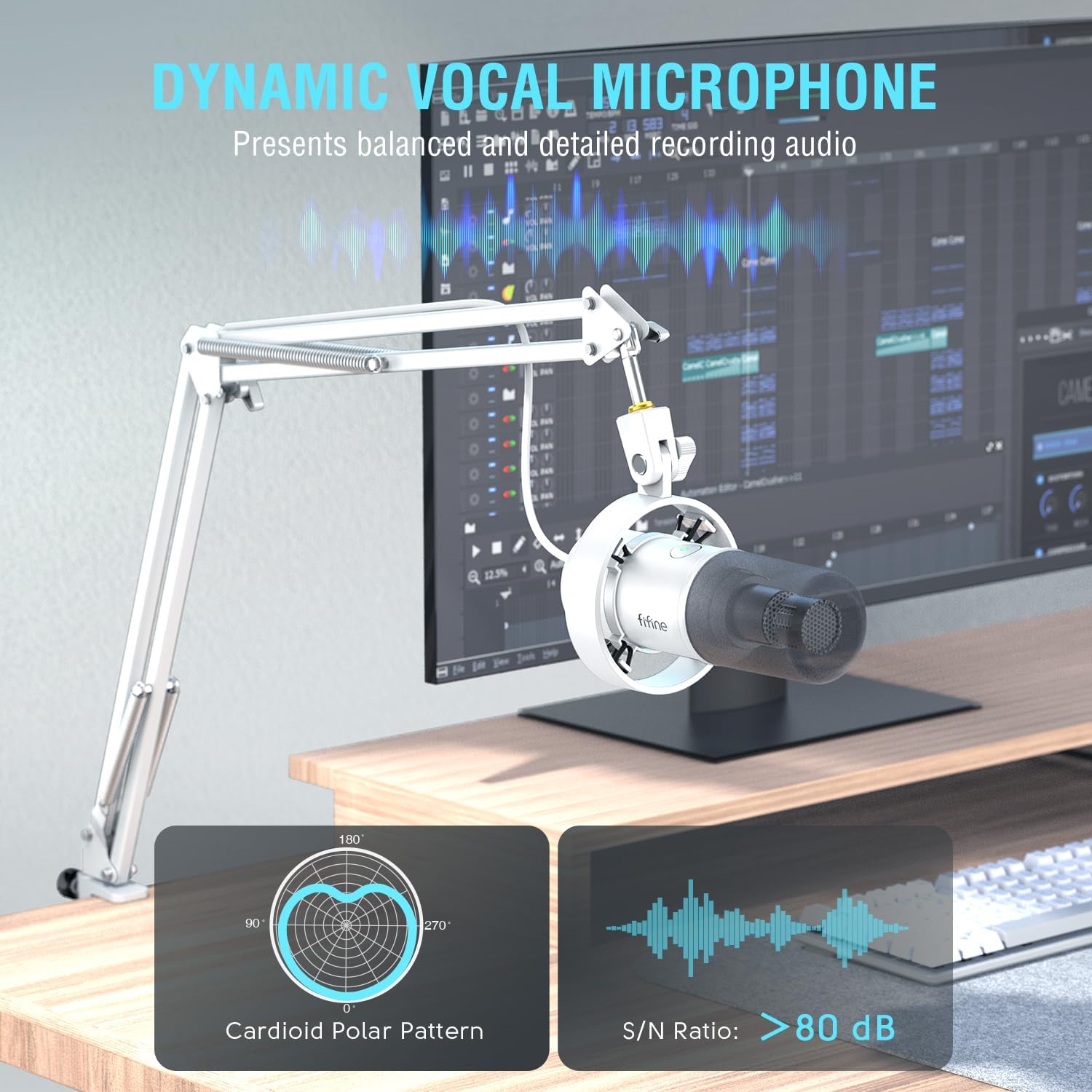FIFINE AmpliTank K688CTW Dynamic Microphone with Boom Arm, XLR/USB Mic