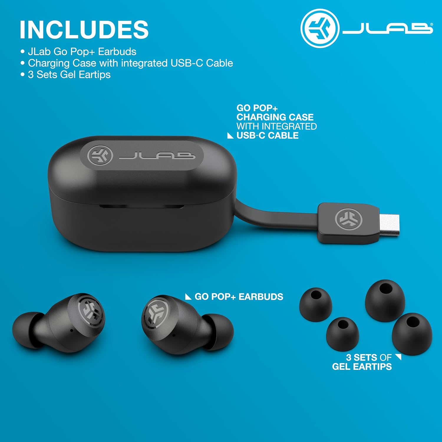 JLab Go Air Pop+ True Wireless Earbuds, in Ear Headphones, Bluetooth Earphones, 35H Playtime Ear Buds, Bluetooth Earbuds with Microphone, USB-C Charging Case, Dual Connect, EQ3 Sound, Black