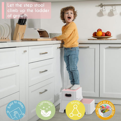 Victostar 2 Step Stool for Kids, Anti-Slip Sturdy Toddler Two Step Stool for Toilet Potty Training, Bathroom,Kitchen (Pink)