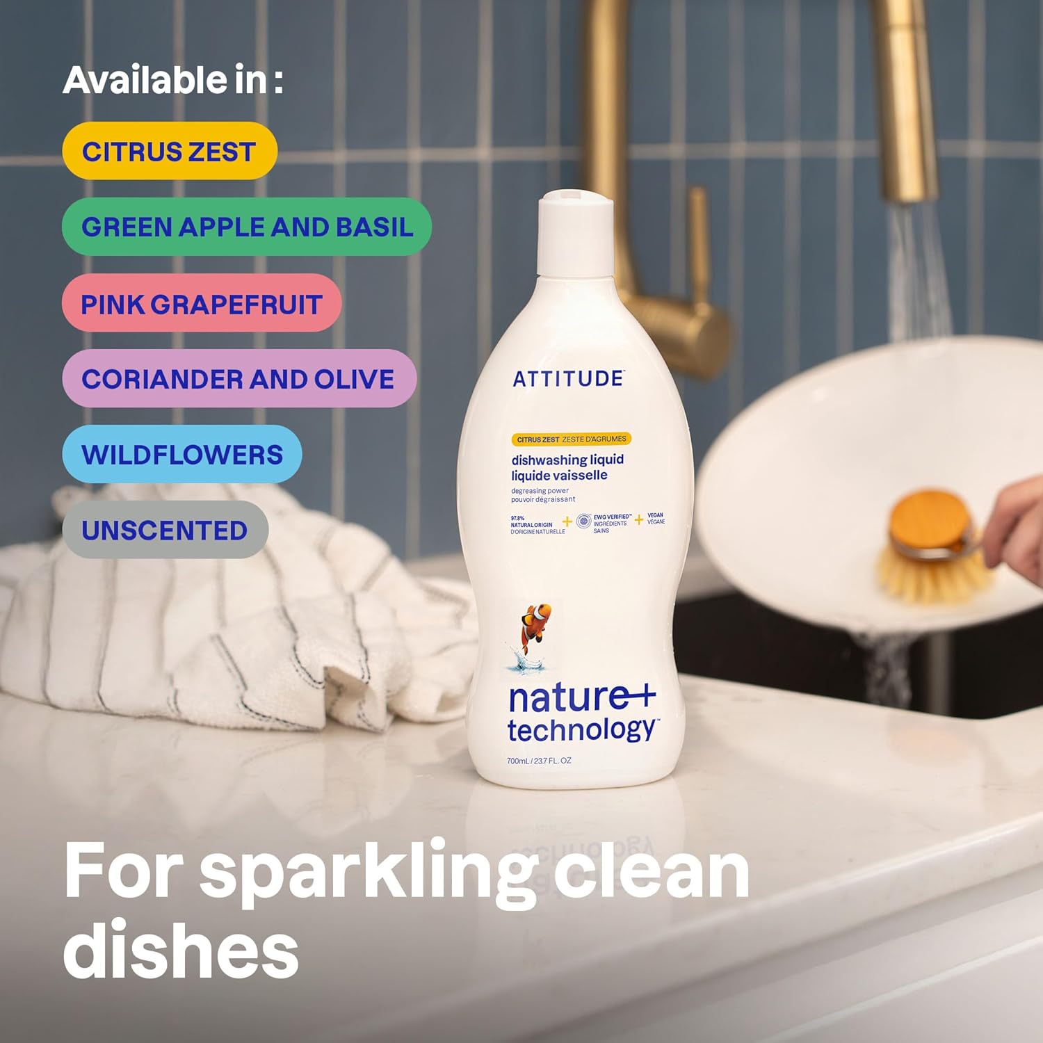 ATTITUDE Dish Soap, EWG Verified, Plant-Based & Vegan Dishwashing Liquid, Naturally Derived, Citrus Zest, 23.7 Fl Oz