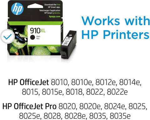 HP 910XL Black High-Yield Ink Cartridge | Works with OfficeJet 8010, 8020 Series, OfficeJet Pro 8020, 8030 Series | Eligible for Instant Ink | 3YL65AN